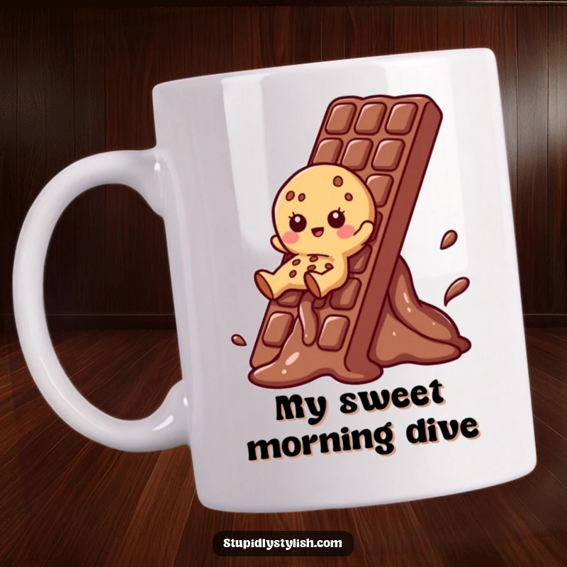 Funny Cookie Mug showing a playful cookie character sliding down a melting chocolate bar, celebrating sweet joy.