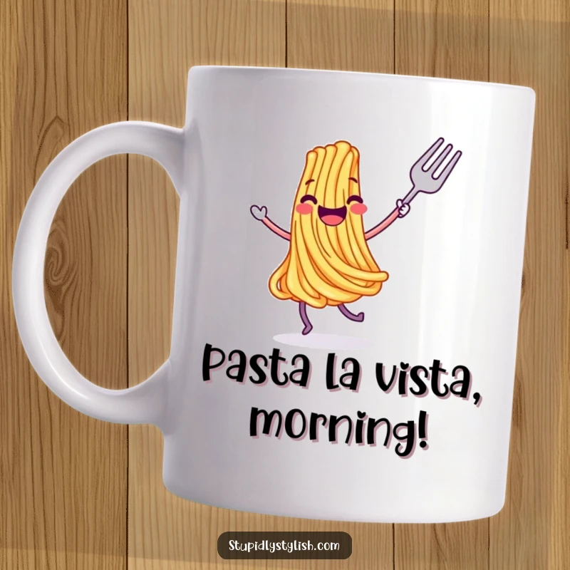 Funny mug featuring a joyful, dancing spaghetti strand paired with a fork, celebrating the fun of food and dance.