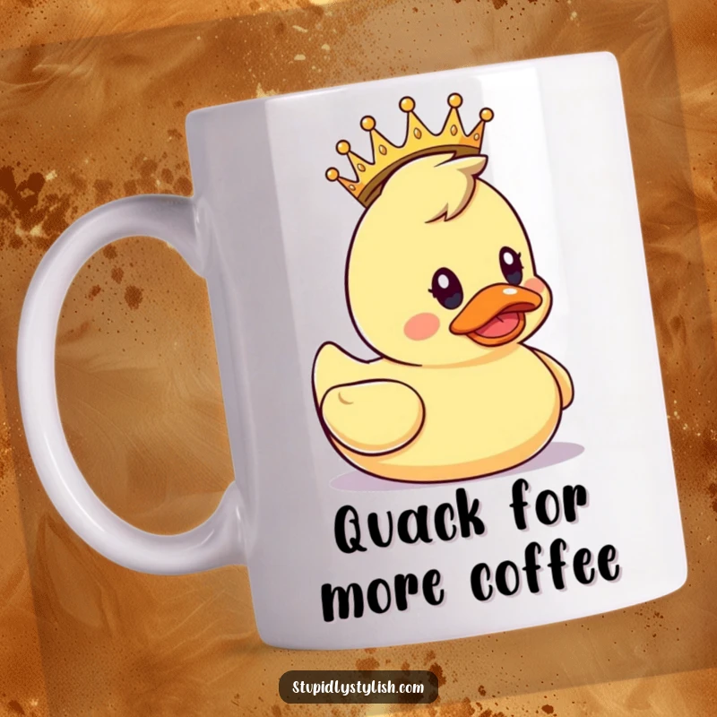 Funny Mug: A rubber duck wearing a tiny crown, looking surprised, perfect for bath time humor.