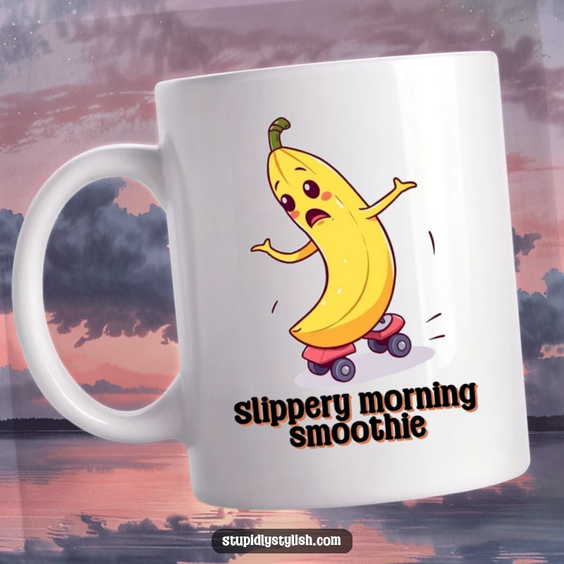 Funny Mug showing a bewildered banana comically spinning out of control on roller skates, embracing hilarious, chaotic energy.