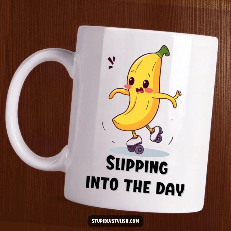 Funny mug depicting a bewildered banana comically spinning out of control while wearing roller skates, showcasing slapstick humor.