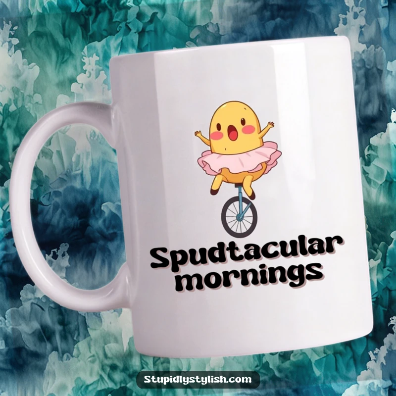 Funny, surprised potato wearing a pink ballet tutu, comically falling off a unicycle.