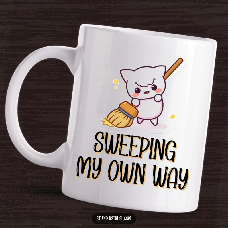 Funny mug featuring a mischievous broom actively sweeping itself away, depicted with a playful and energetic aura.
