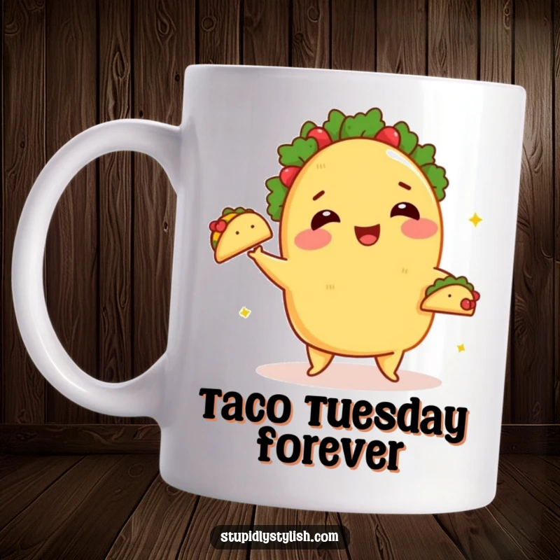 Funny Mug: A blushing taco happily juggling smaller tacos, perfect for parent humor.
