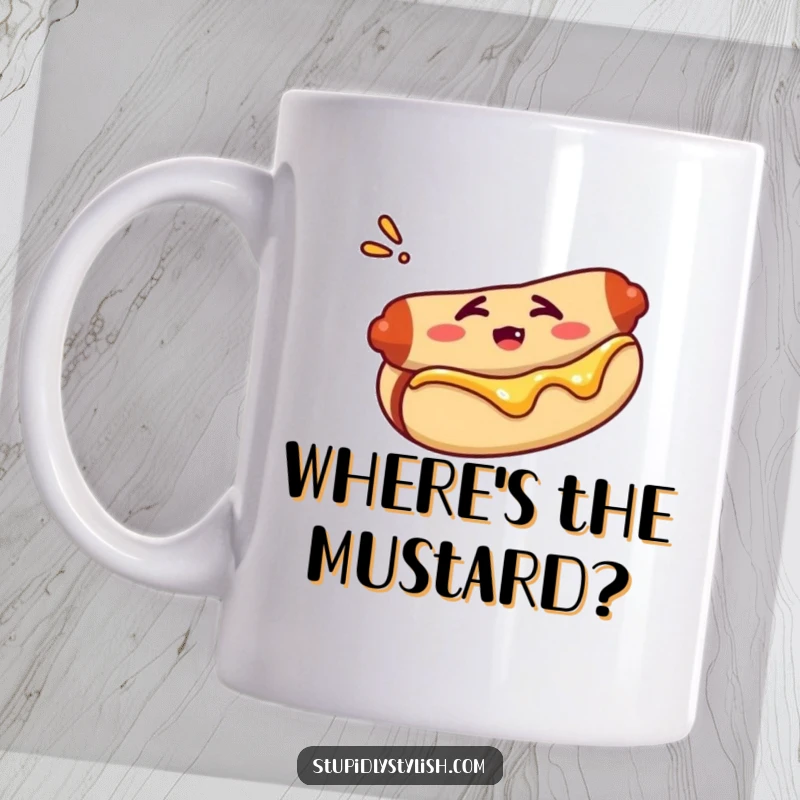 Funny mug showing a hot dog with a confused expression inside its bun, questioning its surroundings.