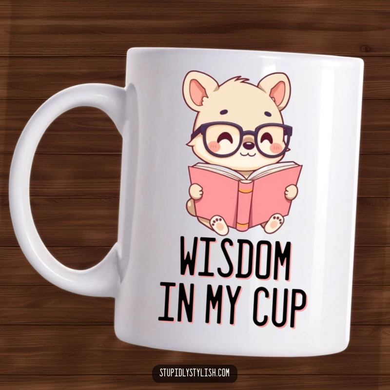 Cute animal character wearing tiny spectacles, engrossed in reading a very large book, symbolizing wisdom and humor.