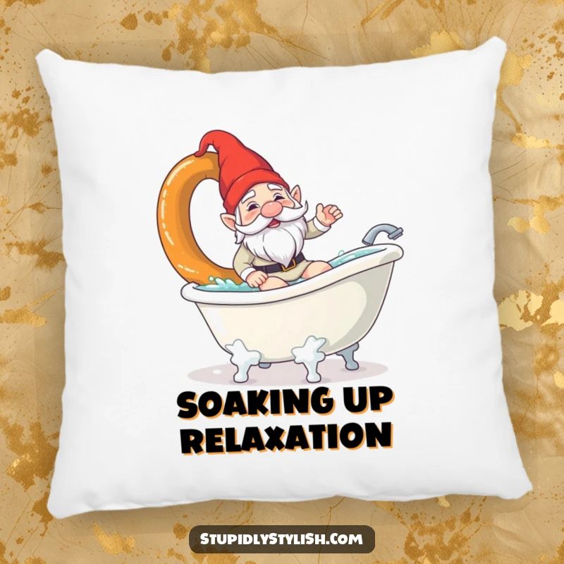 Funny pillow design featuring a confused garden gnome surfing a giant pretzel in a bathtub. Soft, comfortable, and humorous decor.