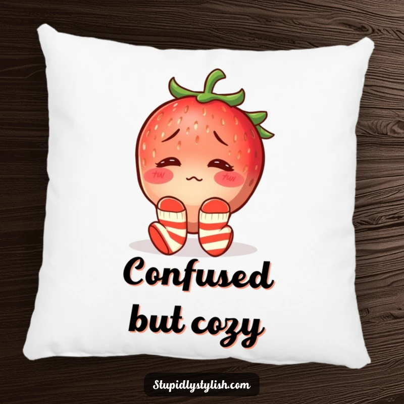 Funny pillow featuring a confused, blushing strawberry with mismatched socks, providing a cozy and humorous decorative touch.