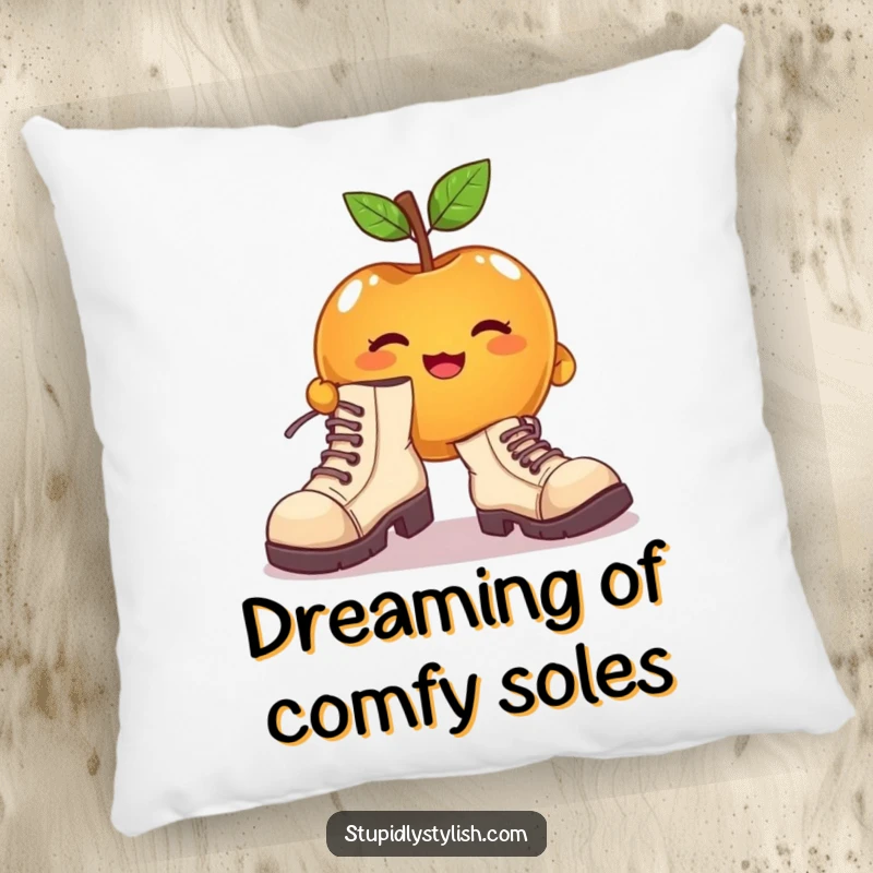 Funny pillow with a cute apple character attempting to wear enormous, mismatched shoes, offering soft, quirky comfort.