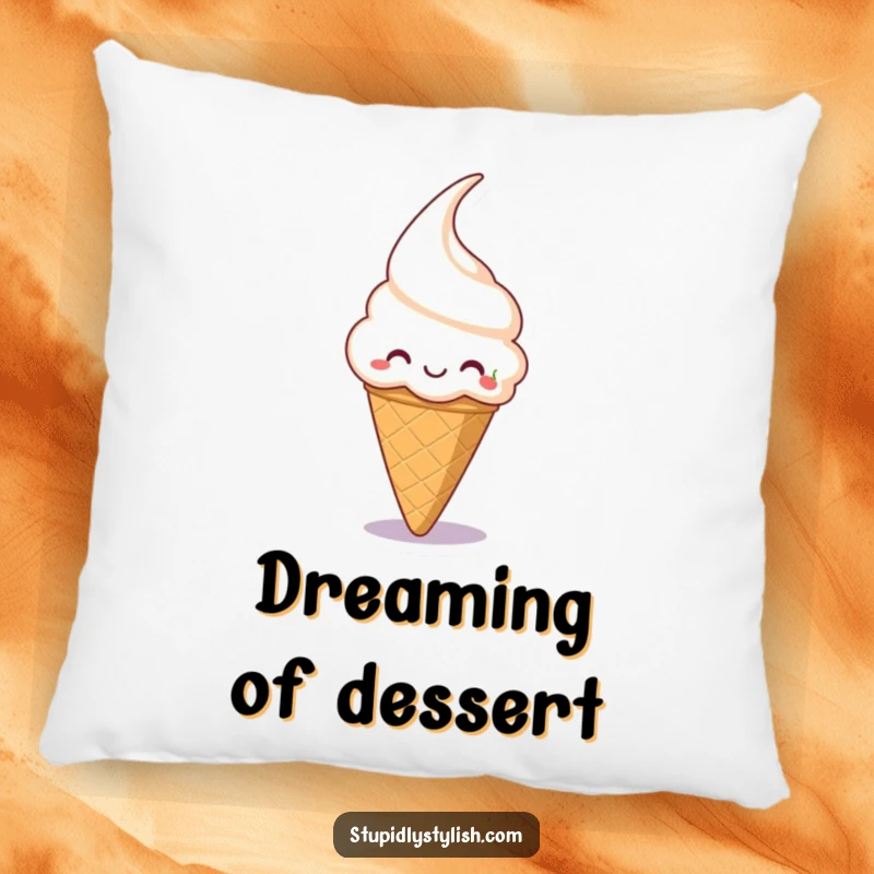 Funny pillow featuring a grinning ice cream cone reaching for a cherry, perfect for adding sweet comfort and fun.