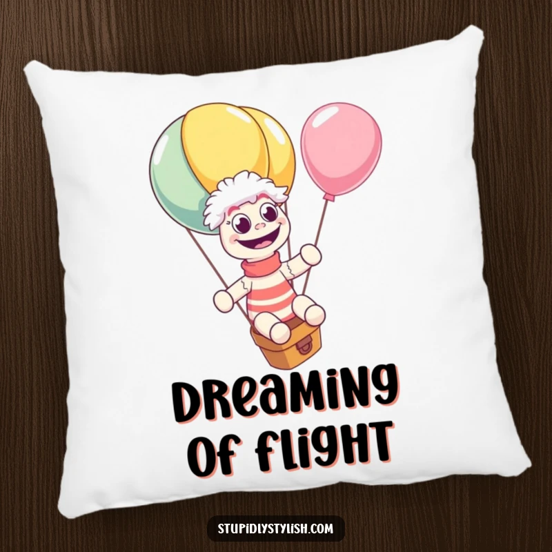 Funny pillow with a design of a sock puppet giggling wildly atop a giant, runaway balloon, eyes wide in surprise. Soft and humorous decor.