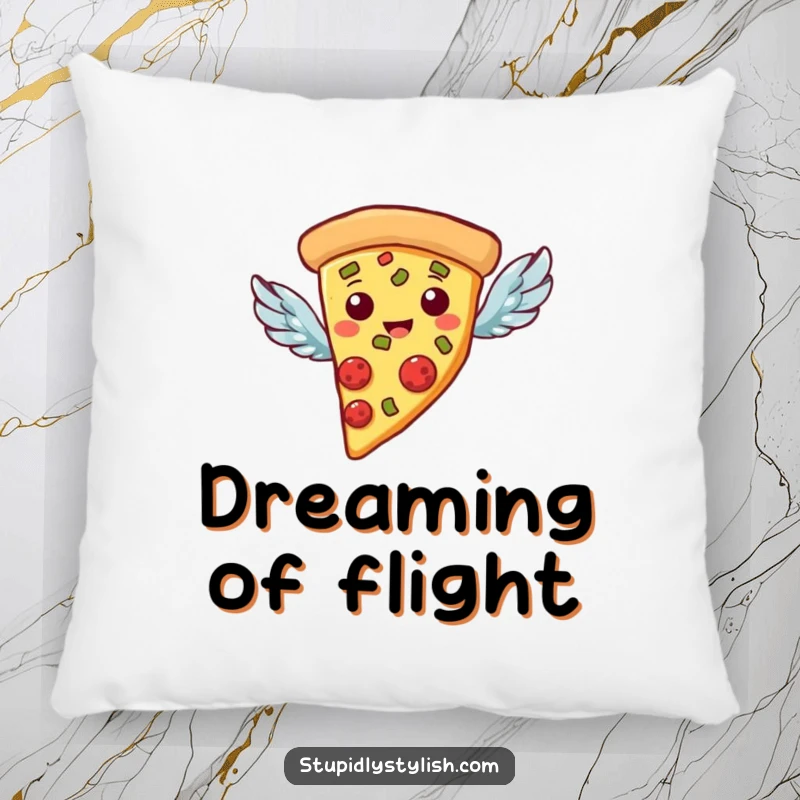 Funny Pillow: A pizza slice with small wings, flying with joy, bringing comfort and humor.
