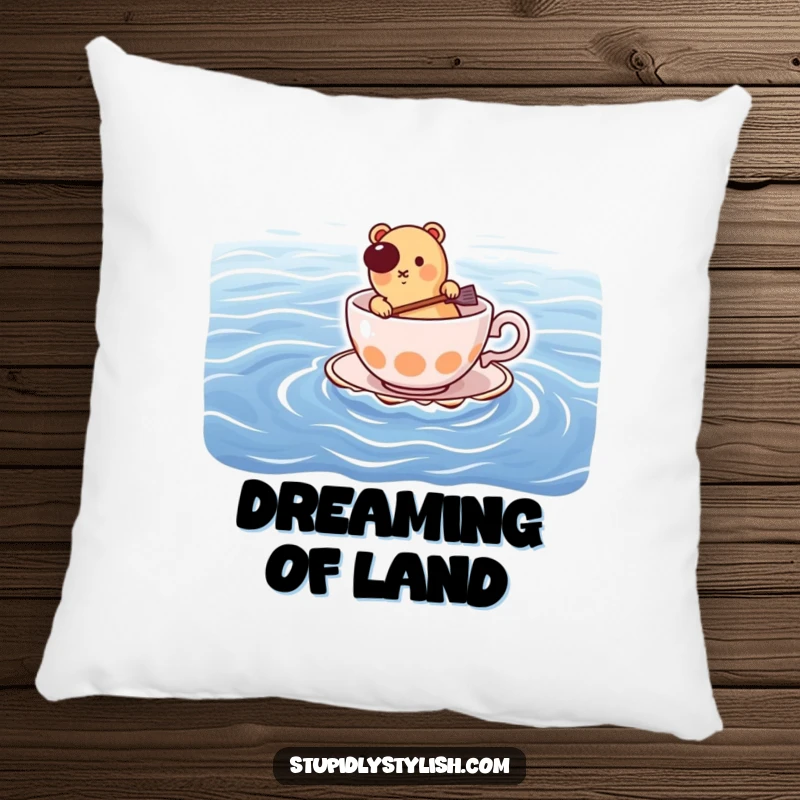 Funny pillow: hot dog paddling a teacup on a vast ocean, soft and humorous decorative item.
