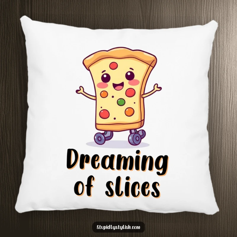 Funny smiling slice of pizza wearing tiny roller skates, a soft and humorous pillow for food lovers.