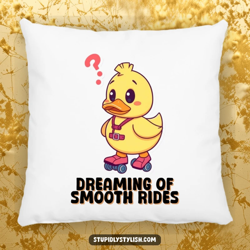 Funny pillow featuring a confused rubber duck character on roller skates, offering plush comfort and a humorous depiction of a wobbly ride.