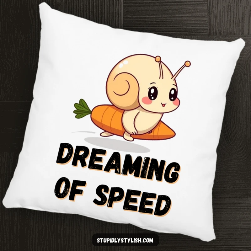 Funny pillow featuring a determined snail racing a swift carrot, adding a whimsical and humorous touch to home decor.