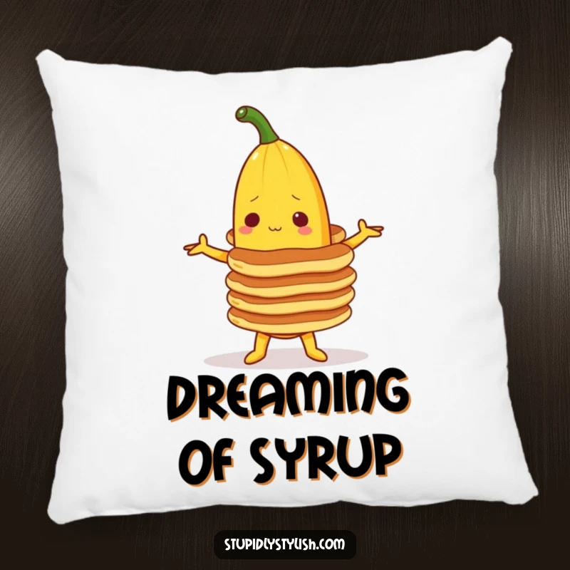 Funny pillow featuring a banana character teetering with a stack of pancakes, offering plush comfort and a humorous breakfast theme.