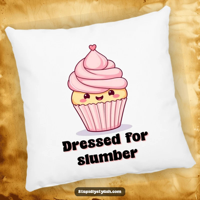 Funny pillow depicting a proud cupcake with a tiny top hat, bringing sophisticated and cheerful humor to any seating area.