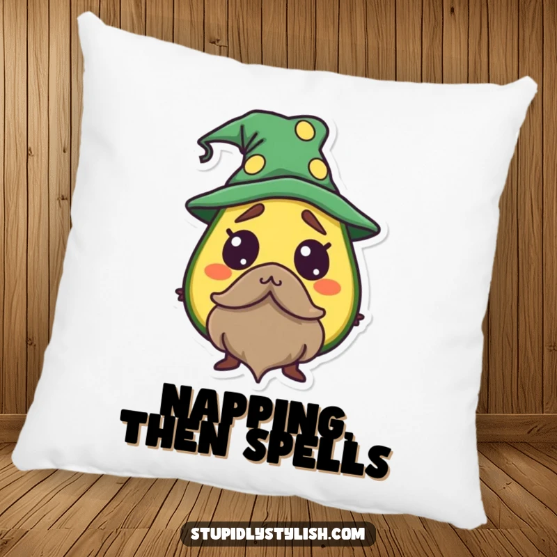 Funny Avocado Wizard Pillow featuring a startled avocado as a wizard, offering soft comfort and magical charm.