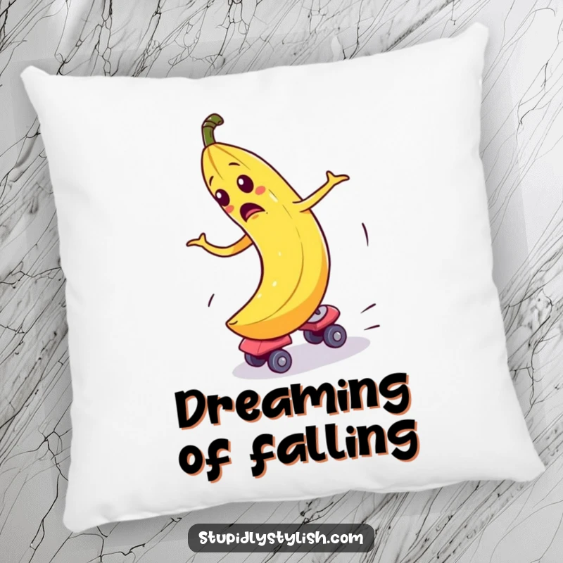Funny Pillow featuring a bewildered banana comically spinning out of control on roller skates, adding a touch of humor to relaxation.