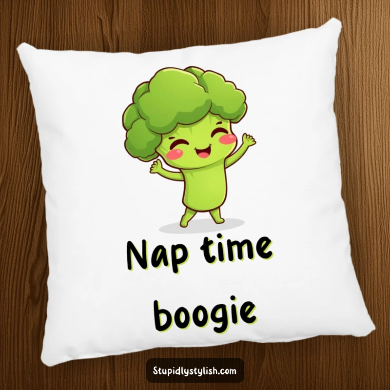 Funny pillow with a giggling broccoli character doing a silly dance, designed for maximum comfort and cheer.