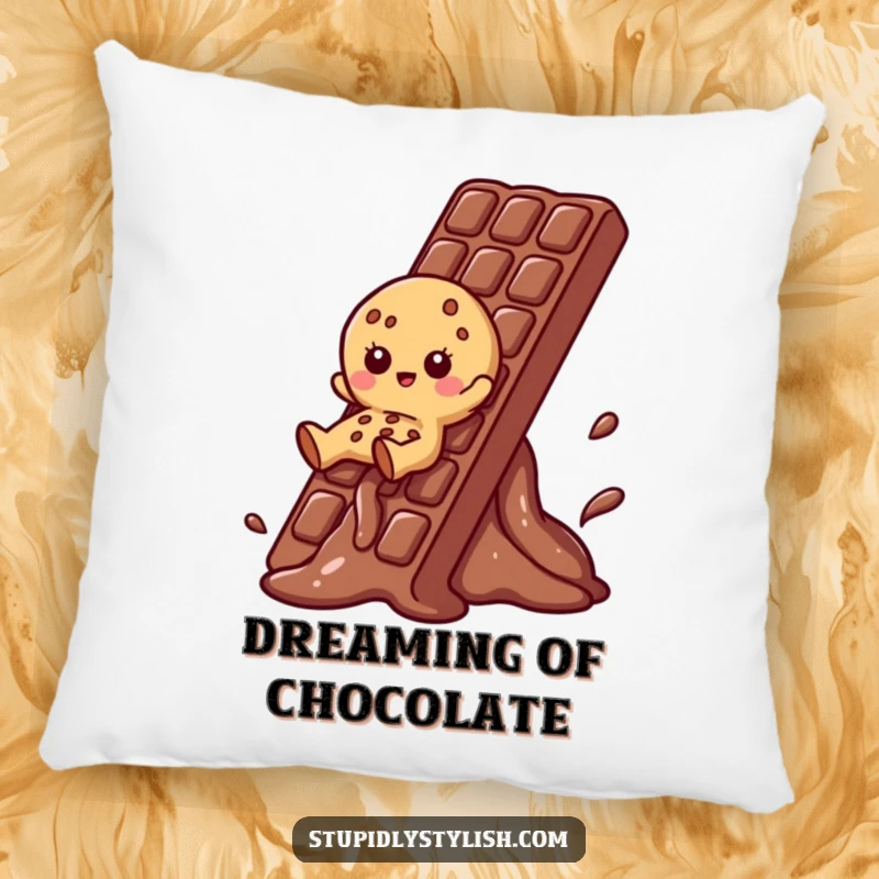 Funny Cookie Pillow featuring a cookie character sliding down a melting chocolate bar, soft and sweet comfort.