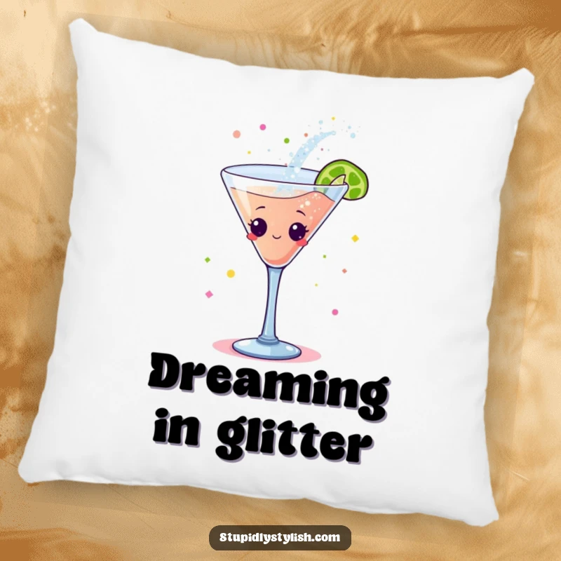 Funny pillow: A plush pillow featuring a dancing cocktail glass character, artfully spilling decorative glitter for a festive touch.