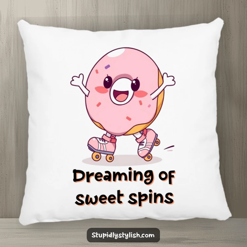 Funny pillow featuring a joyful donut character on roller skates, spinning happily. Soft and decorative.