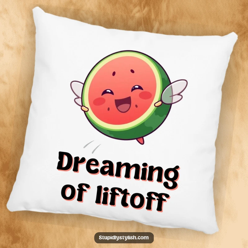Funny pillow design of an overjoyed watermelon slice energetically attempting to fly, bringing a sense of whimsical delight.