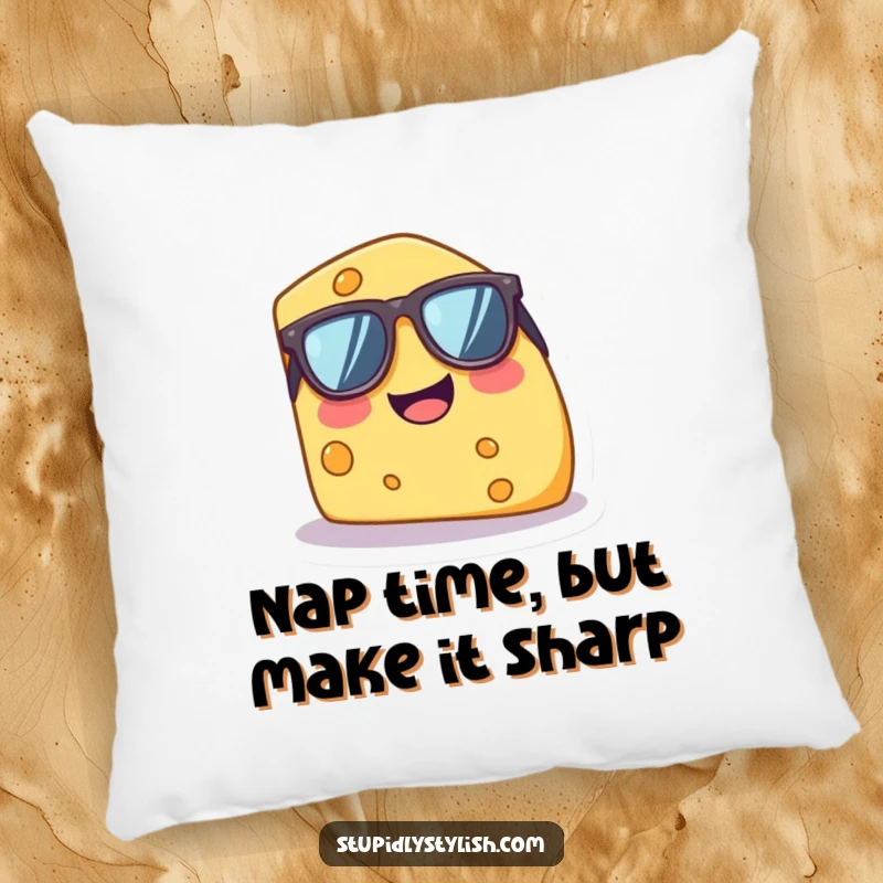 Funny pillow showcasing a tiny, giggling cheese wedge with oversized sunglasses, offering a comfortable and humorous decorative touch.