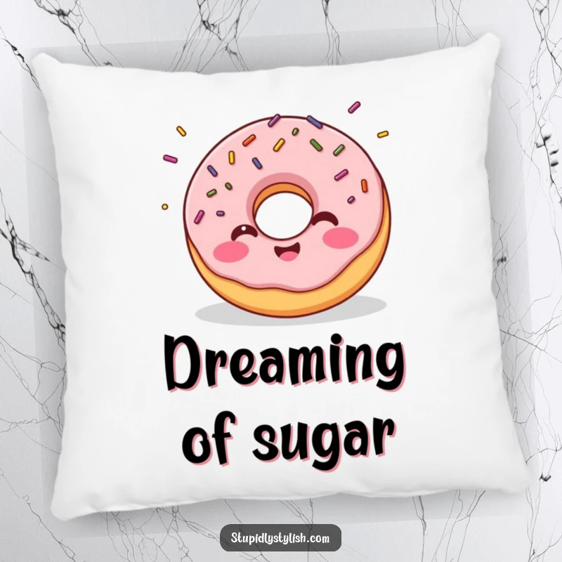 Funny pillow depicting a giggling donut with sprinkles flying off, bringing sweet and cheerful humor to any seating area.