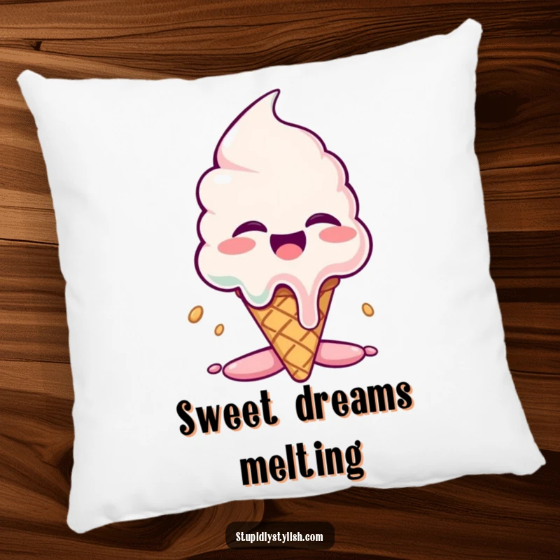 Funny pillow: A plush pillow featuring a giggling ice cream cone in a state of comical, dramatic melting.