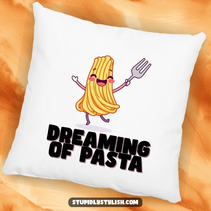 Funny pillow featuring a joyful, dancing spaghetti strand with a fork, providing a comfortable and humorous decorative touch.