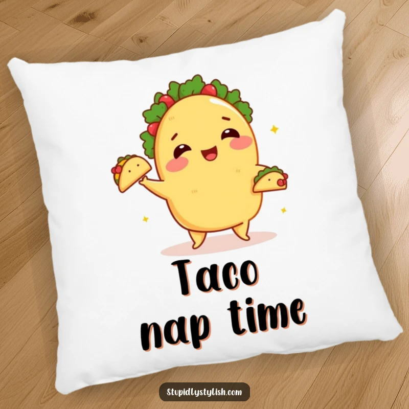 Funny Pillow: A blushing taco happily juggling small tacos, bringing comfort and humor.