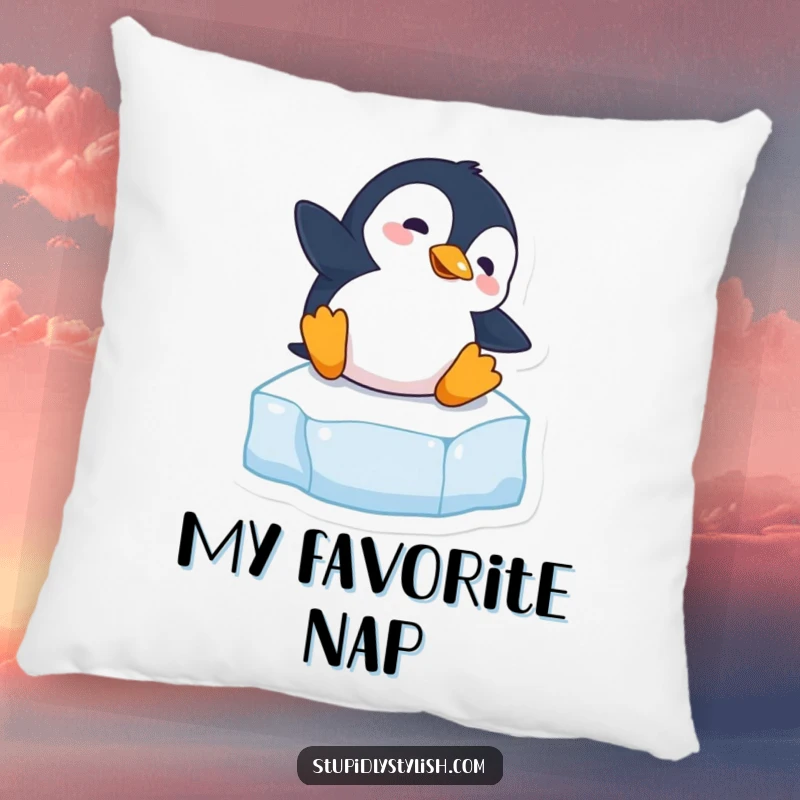 Funny pillow featuring a clumsy penguin comically falling on an ice cube, offering humorous comfort and decor.