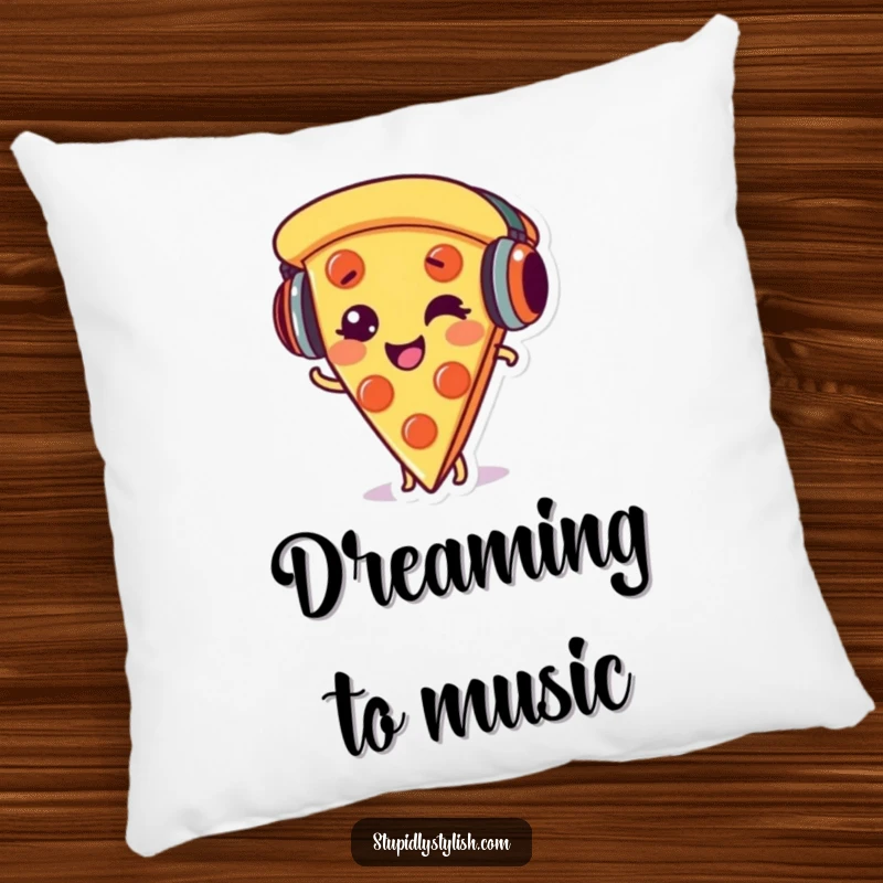 Funny pillow featuring a giggling pizza slice with headphones, adding a whimsical and musical touch to home decor.