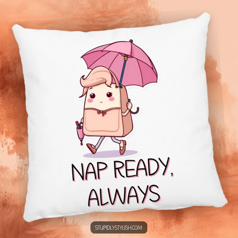 Funny pillow depicting a sassy handbag character strutting with a tiny, matching umbrella, adding chic comfort and humor to any space.