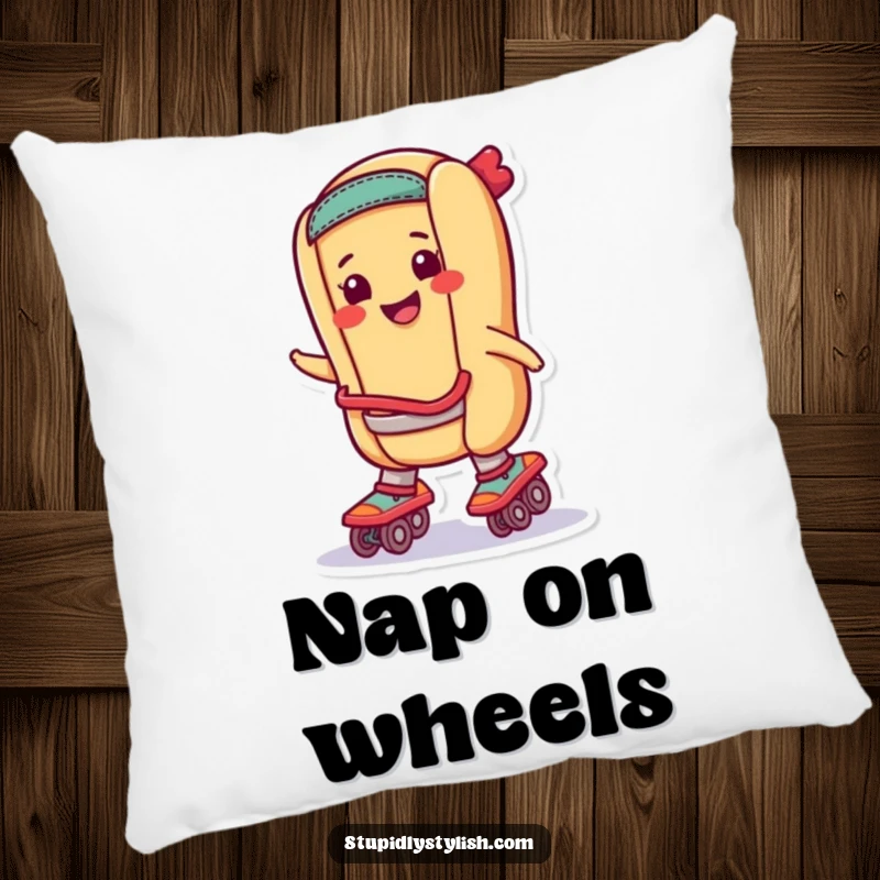 Funny Pillow: A smiling hot dog wearing roller skates, bringing comfort and humor.