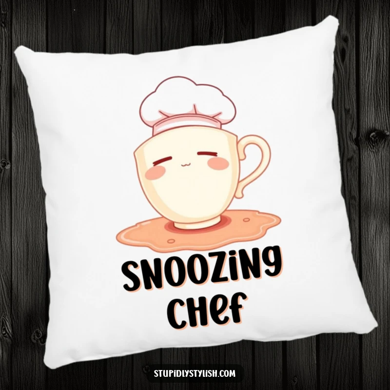 Funny pillow: sleepy teacup wearing chef hat falling into a spilled puddle, soft and humorous decor.