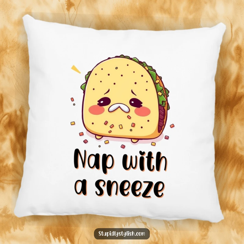 Funny pillow with a sneezing taco and its fillings flying, adding comfort and humor to any room.