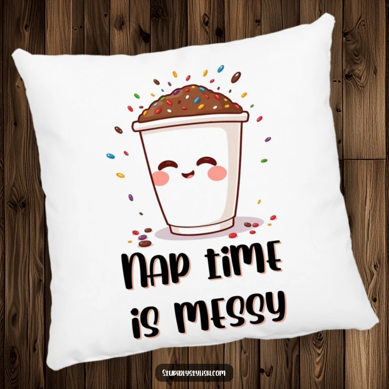 Funny pillow design illustrating a happy coffee cup character sneezing a cheerful explosion of sprinkles, bringing humor to any room.