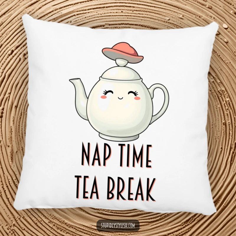 Funny pillow depicting a stylish teapot character wearing a fashionable hat, adding a touch of whimsical comfort to any room.