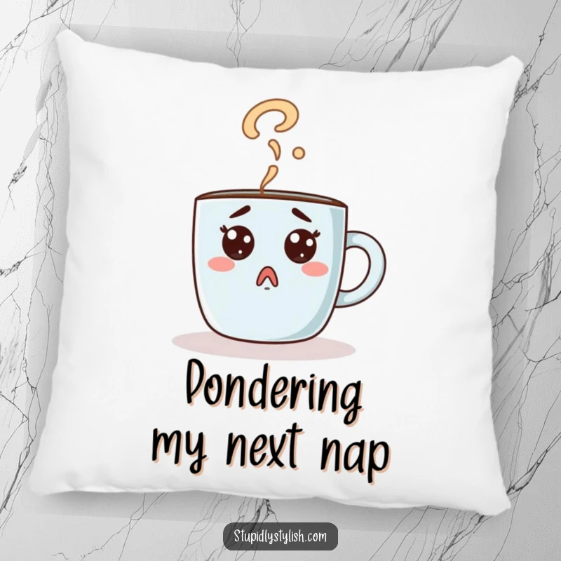 Funny pillow with a surprised coffee mug design, steam creating a question mark. Comfort meets humor.