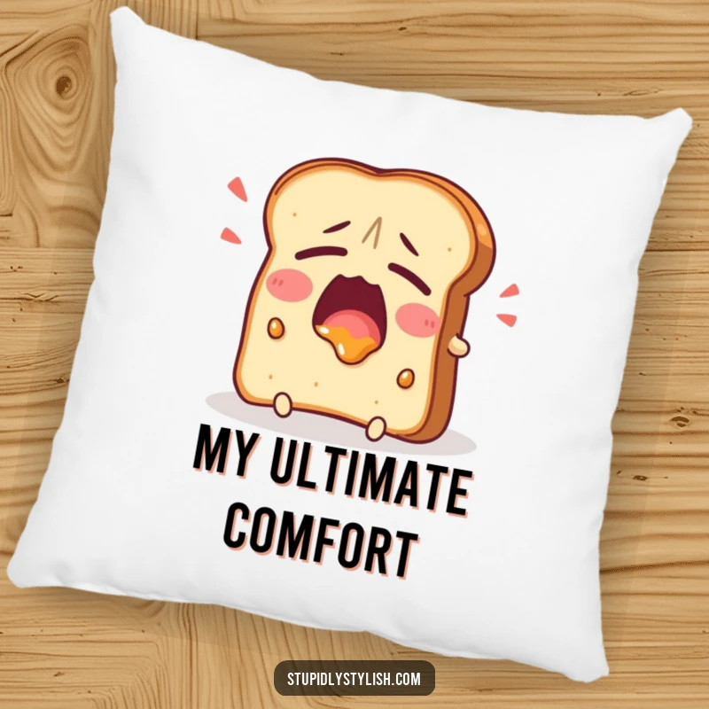 Funny Pillow depicting a tired toast character yawning widely with jam, offering plush comfort and a humorous, relatable visual for sleepy individuals.