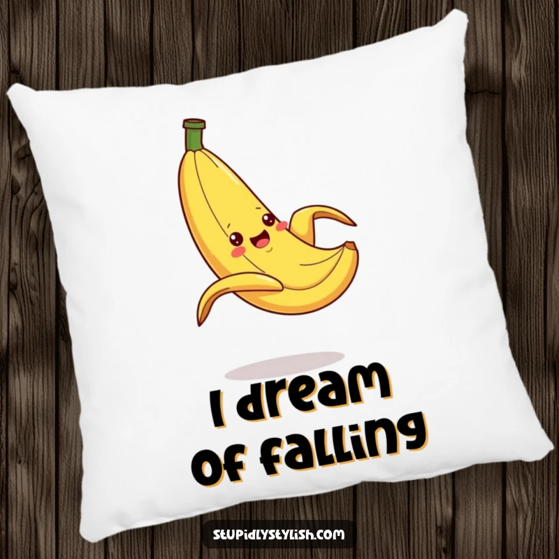 Funny Pillow depicting a silly banana dramatically slipping on its peel, offering plush comfort and a humorous, cartoon-derived visual.
