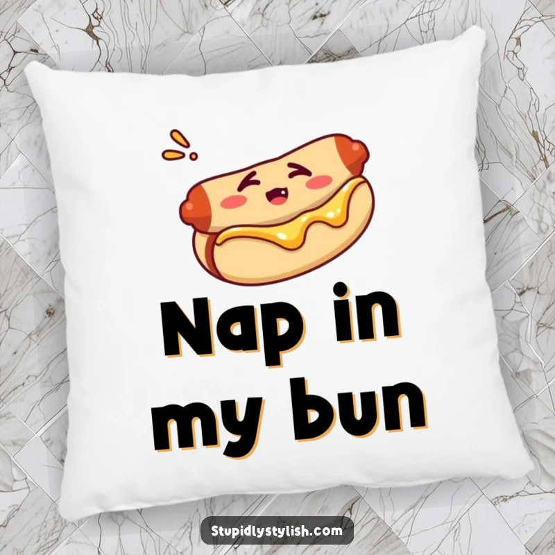 Funny pillow with a confused hot dog in its bun, perfect for comfort and adding a touch of humor.