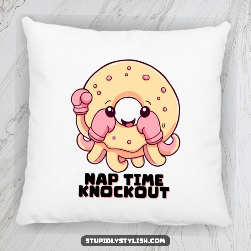 Funny pillow showcasing a cheerful donut with boxing gloves on its tentacles, perfect for adding soft, playful humor.