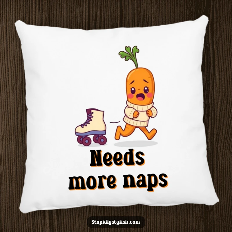Funny pillow design featuring a bewildered baby carrot in a sweater chasing a runaway roller skate, bringing cartoon humor to any room.