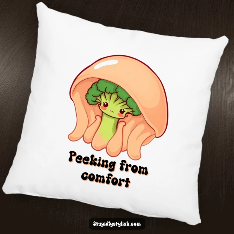 Funny pillow with a shy broccoli floret peeking from behind a giant, wobbly jelly, offering soft, whimsical comfort.