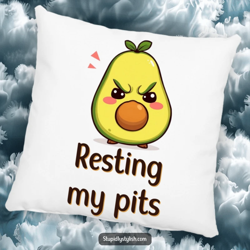 Funny pillow: A plush pillow featuring a grumpy avocado character adorning a repertoire of comical, silly facial expressions.